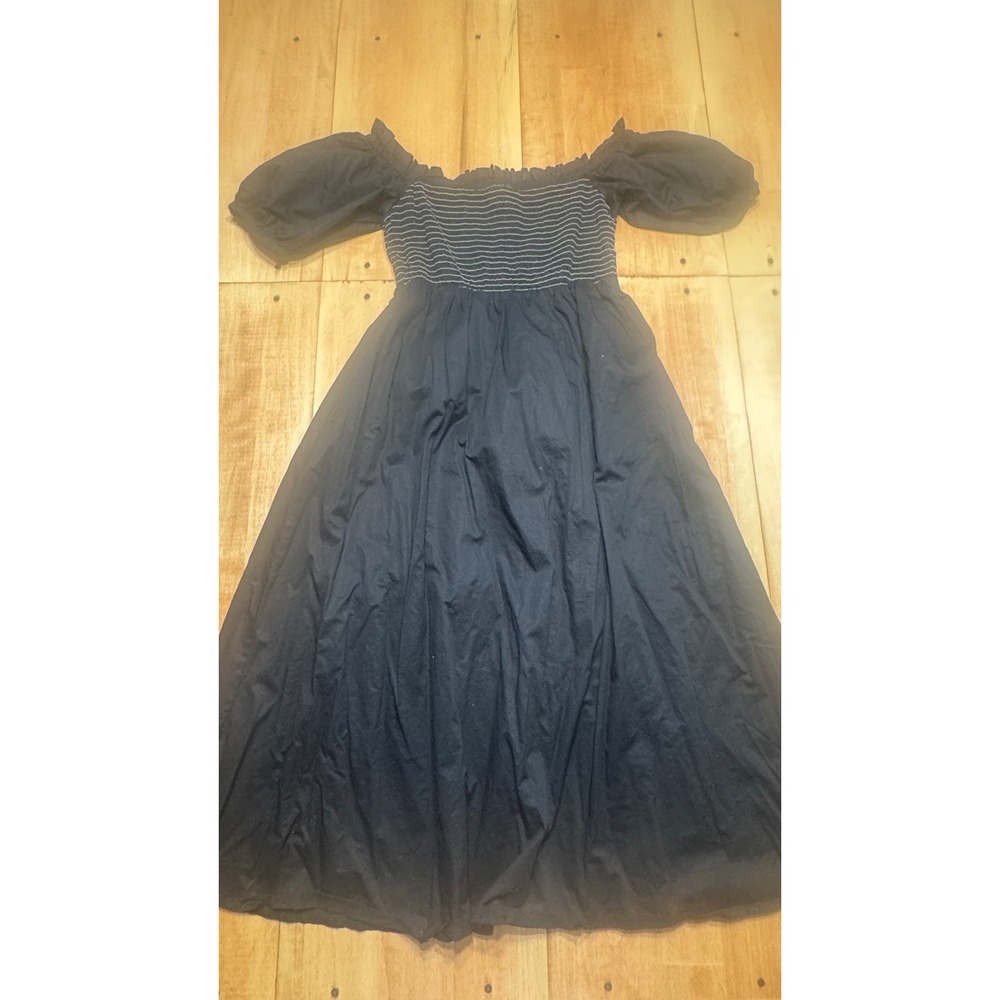 Old Navy Womens Black Smocked Off Shoulder Puff Sleeve Midi Dress Medium Petite